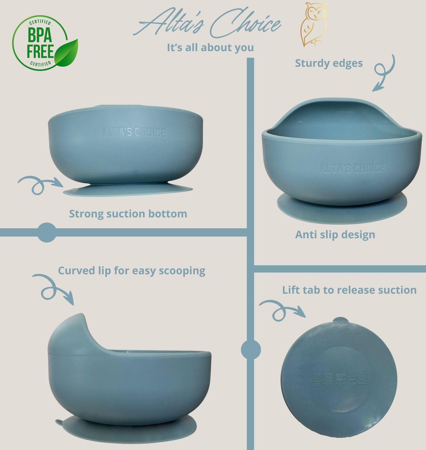 ALTA'S CHOICE Silicone Baby and Toddler Feeding Set. BPA free baby led weaning feeding supplies. Suction bowl, spoon and fork, sippy cup, snack and straw lid. For kids 6+ months. (ETHER)