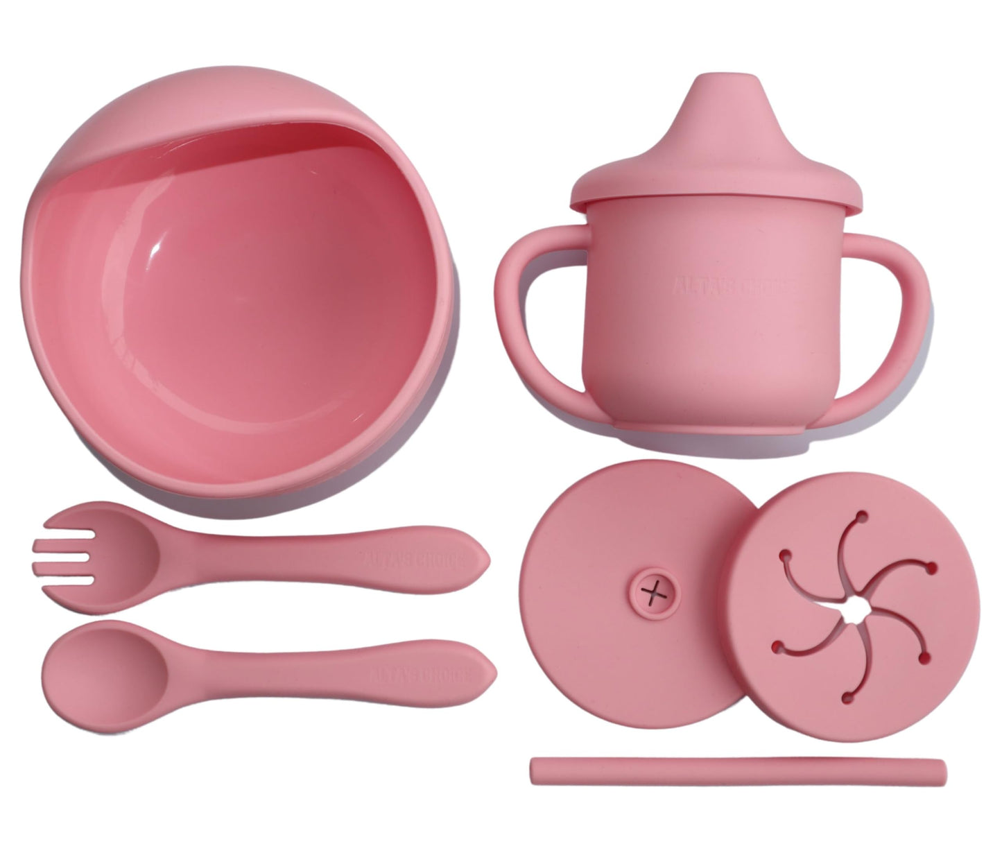 ALTA'S CHOICE Silicone Baby and Toddler Feeding Set. BPA free baby led weaning feeding supplies. Suction bowl, spoon and fork, sippy cup, snack and straw lid. For kids 6+ months. (BABY PINK)