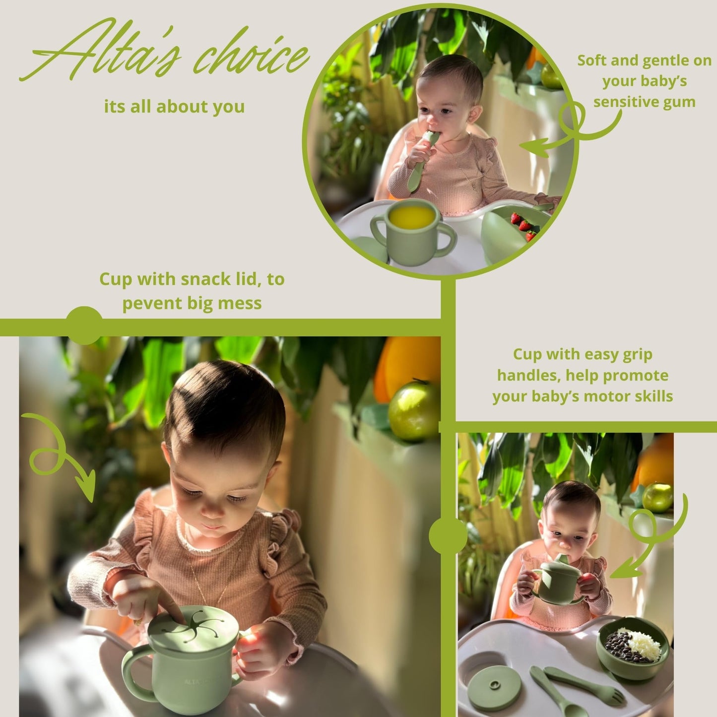 ALTA'S CHOICE Silicone Baby/Toddler Feeding Set. Baby essentials. BPA free baby led weaning feeding supplies. Suction bowl, spoon, fork, sippy cup, snack and straw lid. For kids 6+ months. (GREEN)
