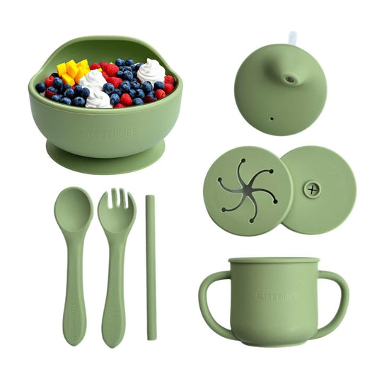 ALTA'S CHOICE Silicone Baby/Toddler Feeding Set. Baby essentials. BPA free baby led weaning feeding supplies. Suction bowl, spoon, fork, sippy cup, snack and straw lid. For kids 6+ months. (GREEN)
