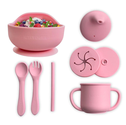 ALTA'S CHOICE Silicone Baby and Toddler Feeding Set. BPA free baby led weaning feeding supplies. Suction bowl, spoon and fork, sippy cup, snack and straw lid. For kids 6+ months. (BABY PINK)