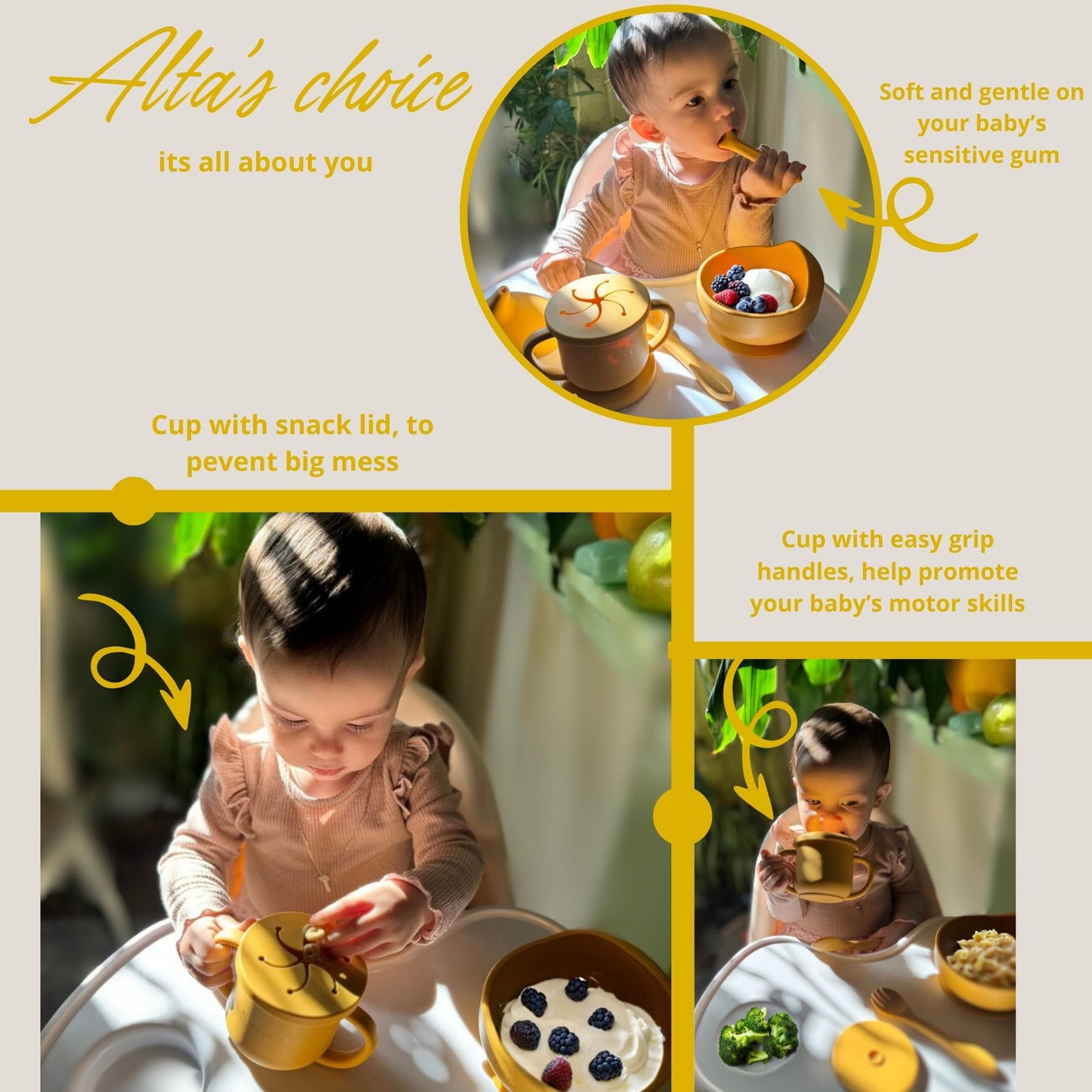 ALTA'S CHOICE Silicone Baby and Toddler Feeding Set. BPA free baby led weaning feeding supplies. Suction bowl, spoon and fork, sippy cup, snack and straw lid. For kids 6+ months. (MUSTARD)